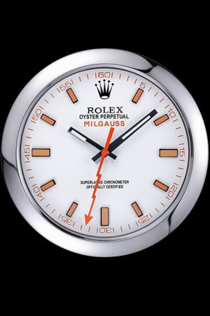 Rolex Milgauss Oyster Quartz White Dial Silver Border Wall Clock Orange Baton Markers Silent Indoor Decorative WC023