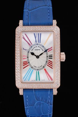 Franck Muller Long Island Colorful Roman Numbers Royal Blue Strap Diamonds Watch Replica FM008