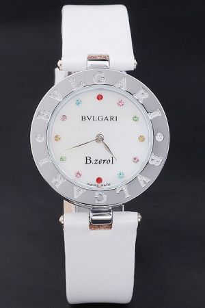 Bulgari B.zero1 White Tone Watch With White Dial Colorful Jewels Hour Markers White Leather Strap BV015