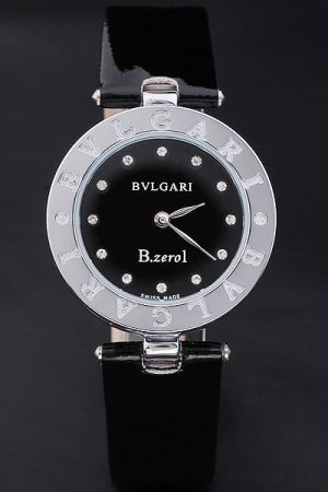 Bvlgari B.zero1 102085 BZ23BSCC.M 25mm Black Dial Diamonds Markers Black Leather Strap Watch BV013