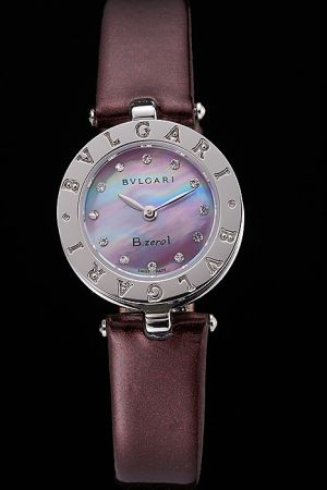 Bvlgari B.zero1 Mother Of Pearl Dial Diamonds Markers Stainless Steel Case Purple Leather Strap Watch BV029