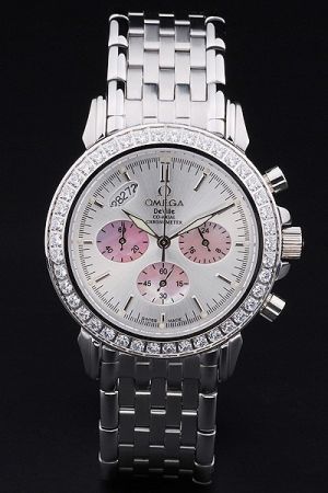 Lady Omega De Ville Chronograph Diamonds Bezel Three Pink Oval Sub-dials Luminous Losange Pointers Stainless Steel Bracelet Watch