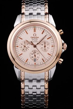 Omega De Ville Co-Axial Chronometer Rose Gold Case/Dial/Scale Three Sub-dials Luminous Losange Hand Two-tone Link Bracelet Watch