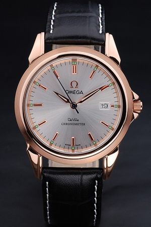  Omega De Ville Chronometer Rose Gold Case&Hand Silver Radial Face Luminous Hands Black Strap Quartz Watch