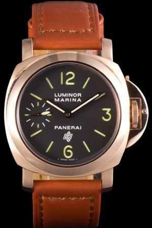 Panerai Luminor Marina Logo Acciaio Black Dial Rose Gold Case Brown Leather Strap Automatic Watch PN052