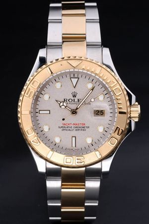 Rolex Yachtmaster Gold Rotatable Bezel Champagne Dial Hour Marker Mercedes Hand Convex Lens Date Window 2-Tone Bracelet Replica Watch