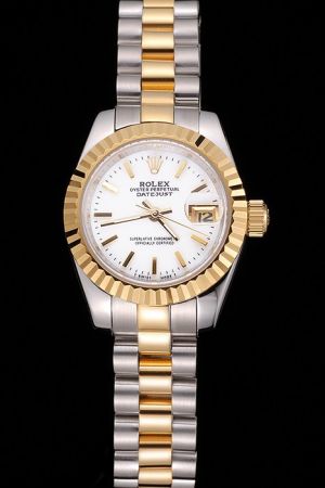 Rolex Datejust Oyster Perpetual Yellow Gold Fluted Bezel White Dial Convex Lens Date Window 2-Tone Bracelet  Watch