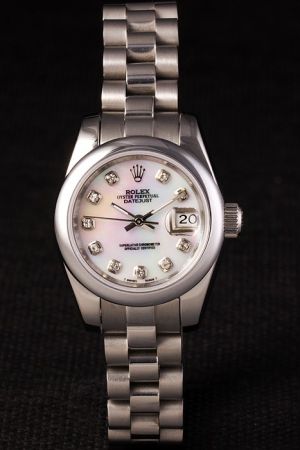 Office Ladies Rolex Datejust Smooth Bezel Pearl Face Diamonds Hour Marker Convex Lens Date Window SS Watch