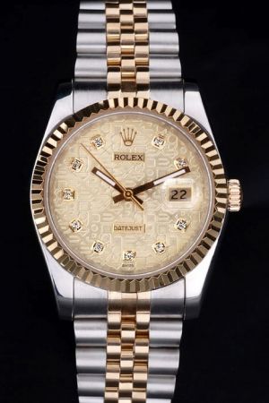 Rep Rolex Datejust Gold Fluted Bezel Logo Pattern Dial Diamonds MarkersTwo-tone Jubilee Bracelet Date Anniversary Watch