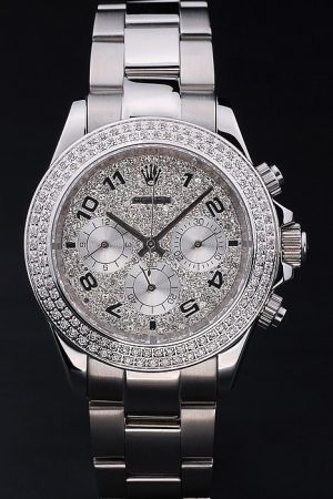 Men’s Rolex Daytona White Gold Case/Bracelet Paved Diamonds Bezel/Dial Arabic Numerals Scale Three Sub-dials Chronograph Watch