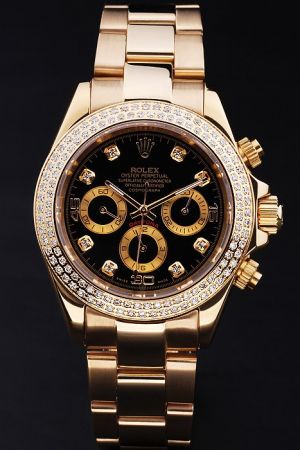 Luxury Rolex Daytona Chronograph Diamonds Bezel/Scale Black Dial Three Sub-dials 18k Gold Plated Stainless Steel Watch For Lady
