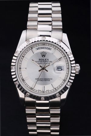 Rolex Day-date Fluted Bezel With Diamonds Inlaid Silver Concentric Dial Stick/Track Scale Hands Week/Date Display Auto Watch Ref.218239-83219
