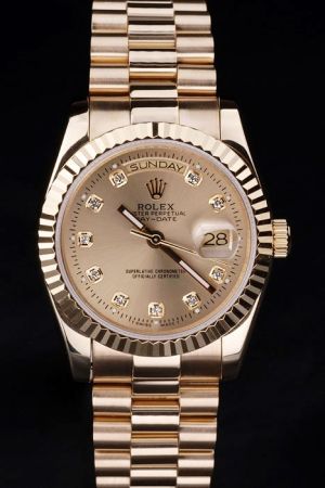 Replica Rolex Day-date Gold Case/Dial/Bracelet Fluted Bezel Diamonds Marker Bold Hands Week Date Couples Watch