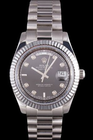 Cheap Rolex Day-date Fluted Bezel Black Dial Diamond Scale Stick Hand Silver Bracelet Week/Date Display  Watch