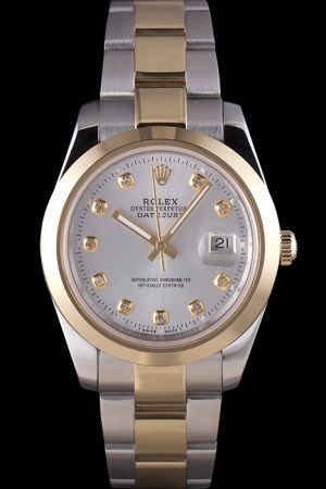 Replica Rolex Datejust Gold Bezel Silver Dial Diamonds Scale Stick Hand Two-Tone Stainless Steel Bracelet Men Auto Watch