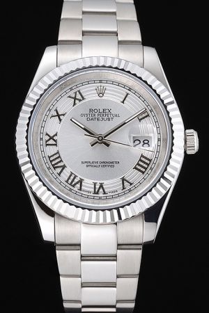  Rolex Datejust Fluted Bezel Silver Concentric Pattern Dial Roman Numeral Scale Stick Hand Stainless Steel Bracelet Men Watch