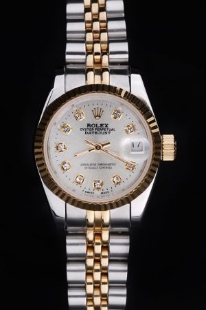 Rolex Datejust Yellow Gold Fluted Bezel/Stick Hands Silver Dial Diamonds Marker Convex Lens Date Window Two-tone Steel Bracelet Watch