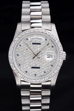 36mm Rolex Day-date Diamonds Bezel/Dial Sapphire Hour Scale Stick Hand Week/Date Display Steel Bracelet Watch Ref.118206