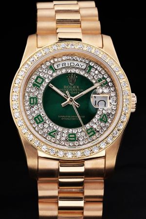 Rolex Day-date Gold SS Case/Bracelet Diamonds Bezel Green Dial With Diamonds Inlaid Green Arabic Scale Week/Date Display Watch
