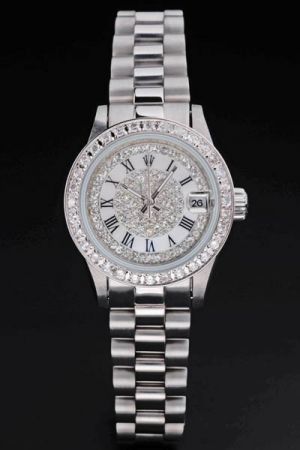 Girls’ Rolex Datejust Silver Case/Wristband Diamonds Bezel/Dial Roman Numeral Stick Hand Automatic Party Watch