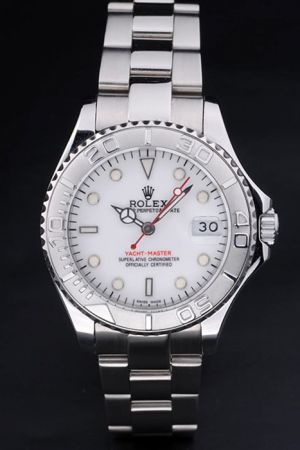Replica Rolex Yachtmaster Rotatable Bezel Mercedes Hands With Red Second Index Convex Lens Date Window White Gold Watch Ref.268622