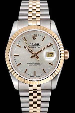 Rolex Datejust Yellow Gold Fluted Bezel/Stick Scale/Luminous Hand Silver Radial Dial Convex Lens Date Window Two-tone Bracelet Watch