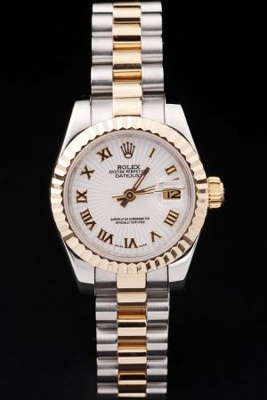 Swiss Rolex Datejust Oyster Perpetual Gold Fluted Bezel White Fluted Dial Gold Roman Index 2-Tone Bracelet Ladies Watch Ref.69173