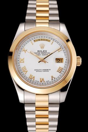 Unisex Rolex Day-date Gold Bezel/Scale/Pointer White Dial Week/Date Display Two-tone Steel Bracelet 36mm Appointment Watch