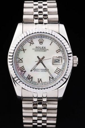 Rolex Datejust Polished SS Watch Body Silver Fluted Bezel Roman Marker Stick Pointer Replica Date Swiss Dress Watch