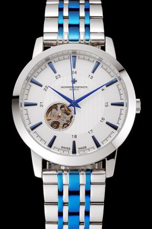 Men VC Traditionnelle Tourbillon White Textured Dial Blue Stick Hour Marker Blue Dauphine Hands Two-tone Bracelet Watch