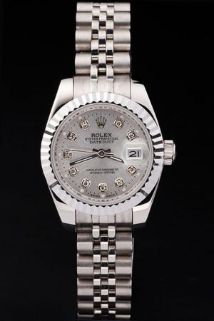 Fashion Rolex Datejust Silver Fluted Bezel Diamonds Marker Convex Lens Date Window SS Jubilee Bracelet Women Watch Ref.179179