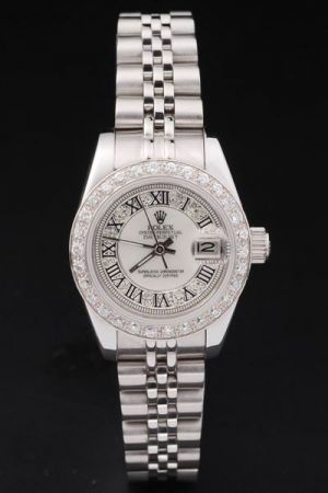 Swiss Rolex Datejust Paved Diamond bezel/Dial Roman Numeral Stick Index Convex Lens Date Window Steel Jubilee Bracelet Lady Watch Ref.81159