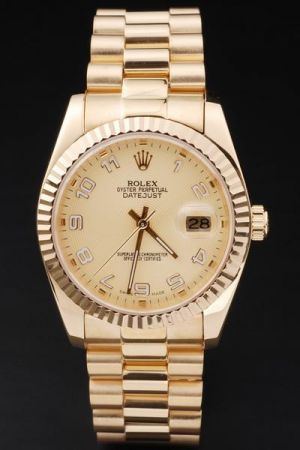 Swiss Rolex Datejust 18k Yellow Gold Fluted Bezel Concentric Dial Arabic Numerals Convex Lens Date Window SS Watch