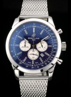  Breitling Transocean Silver Case Blue Dial Mesh Stainless Steel Bracelet Watch