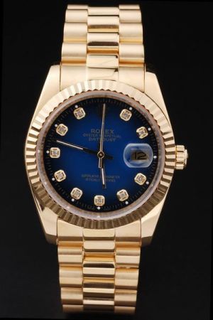 Rolex Datejust Presidential 18k Yellow Gold Case/Bracelet Fluted Bezel Blue Vignette Diamonds Dial Convex Lens Date Window Watch Ref.116234