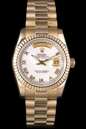  Rolex Day-date Fluted Bezel White Dial Roman/Track Scale Stick Hand Week Display Window 18k Gold Plated SS Swiss Watch