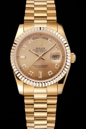 Replica Rolex Day-date Fluted Bezel Diamonds Scale Luminous Pointer Week Display All Gold Plated SS Automatic Date Watch Ref.118238