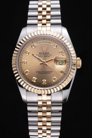 Classy Rolex Day-date 36mm Gold Fluted Bezel Gold Dial Diamonds Scale Luminous Pointer Two-tone Jubilee Bracelet Replica Watch