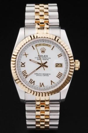 Men's Rolex Day-date Gold Fluted Bezel Roman Numeral Gold Stick Hand Week Display Window 2-Tone Jubilee Wristband Swiss Watch
