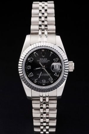 Swiss Rolex Datejust 26mm Fluted Bezel Black Concentric Pattern Dial Arabic Numerals Convex Lens Date Window Jubilee Bracelet Lady Watch