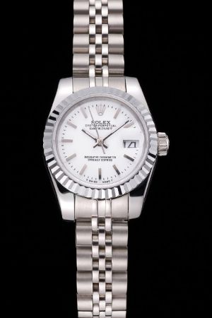 All Stainless Steel Rolex Datejust Fluted Bezel White Dial Stick Hour Marker Convex Lens Date Window Jubilee Bracelet Girls Watch