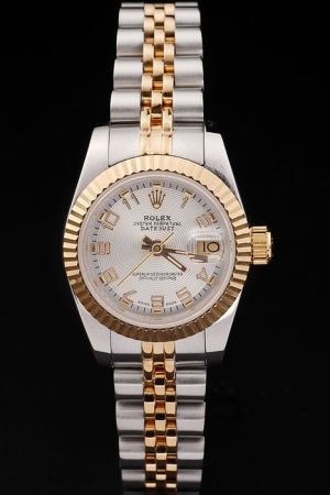 Swiss Rolex Datejust Oyster 26mm Fluted Bezel Silver Concentric Pattern Dial Arabic Numeral 18k Gold/Steel Jubilee Bracelet Girls Watch