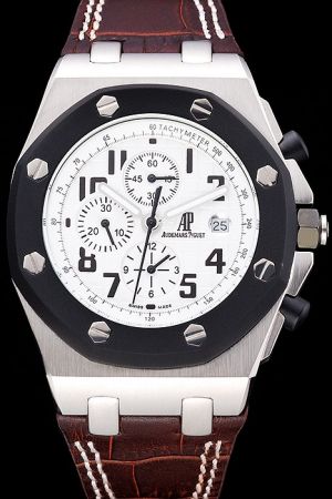 AP Oak Offshore Ion-plated Octagonal Bezel White Tapisserie Dial Black Arabic Scale Brown Band Watch