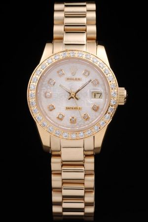 Ladies Rolex Datejust Diamonds Bezel/Marker Mop Logo Dial 18K Yellow Gold Case/Index/Bracelet Date Watch Ref.81298