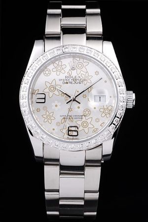 Rolex Datejust Jewelry Bezel Flower Dial Arabic Marker Stick Pointer Silver Steel Bracelet Men Counterfeits Watch