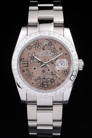 Ladies Rolex Datejust 36mm Diamonds Bezel Brown Floral Dial Convex Lens Date Window Luminous Hands Stainless Steel Watch Ref 116200