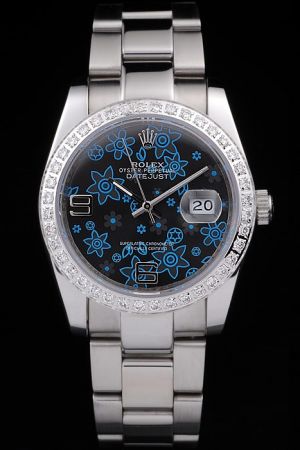 Faux Rolex Datejust Diamond Set Bezel Blue Flowers Dial Big Arabic Numeral Stick Pointer Silver Steel Bracelet Watch