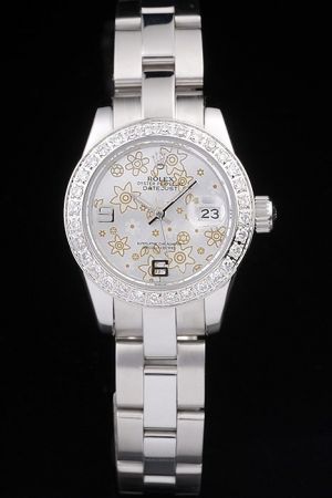 Girls Rolex Datejust 26mm Diamond Bezel Flower Dial Arabic Marker Convex Lens Date Window Steel Wristband Auto Watch