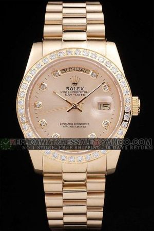 Unisex Rolex Day-date Gold Case/Dial/Bracelet Diamonds Bezel/Marker Luminous Stick Hand Week Date Wedding Watch