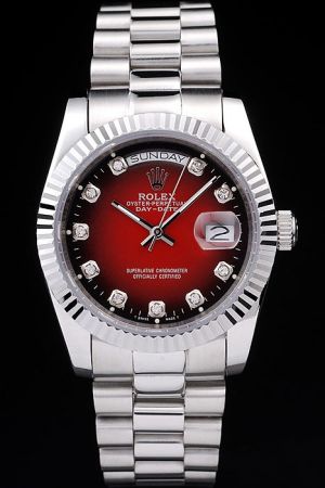 Rolex Day-date Fluted Bezel Red Face Diamonds Markers Stick Hands Week/Date Display Steel Bracelet Auto Watch